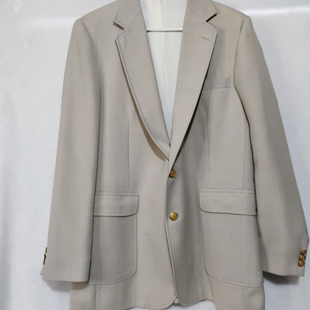 Imperial by Haggar Mens Vintage Beige Hopsack Blazer Gold Crest Buttons USA Made